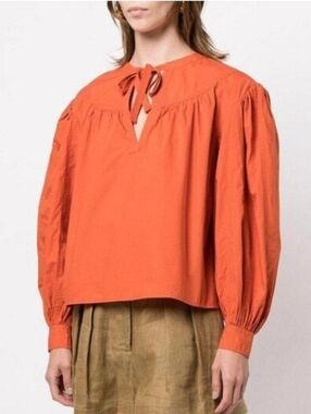 Ulla Johnson 2 Delaney Blouse Top Billowing Long Sleeves Orange Cotton Boho